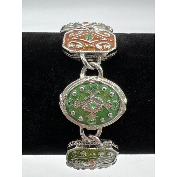 Vintage Style Silver-Tone Enamel Bracelet With Green & Brown Accents Floral & Sw - Picture 3 of 7